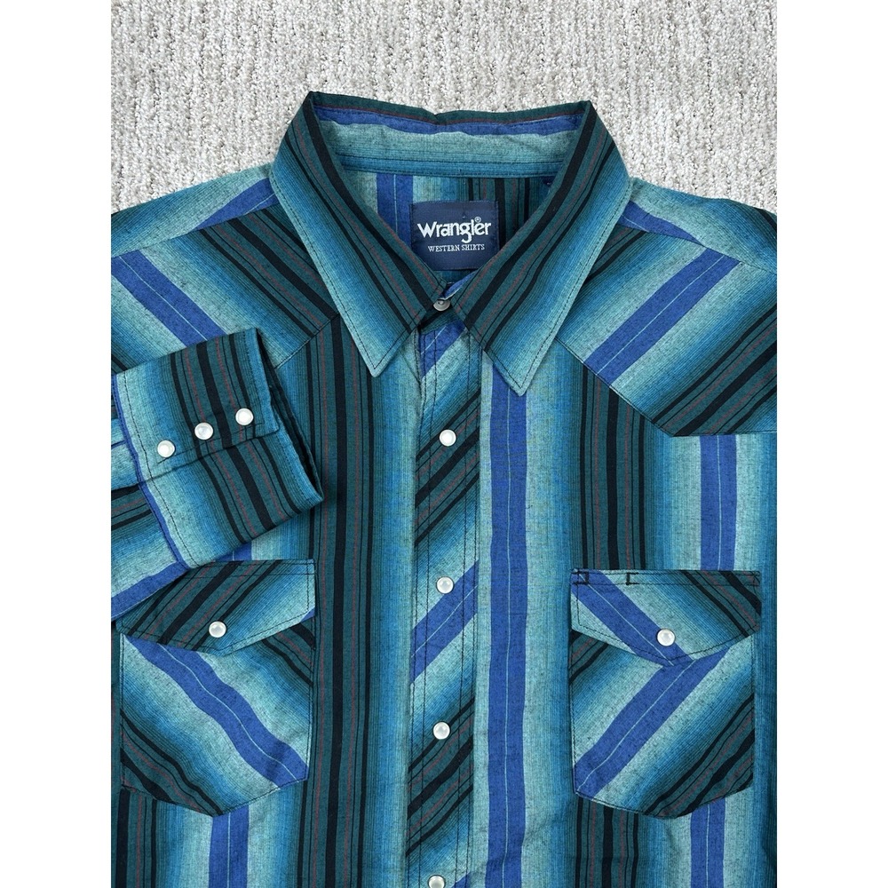 Wrangler Western Pearl Snap Shirt Mens 2XLT Tall Blue Teal Striped Cotton Blend
